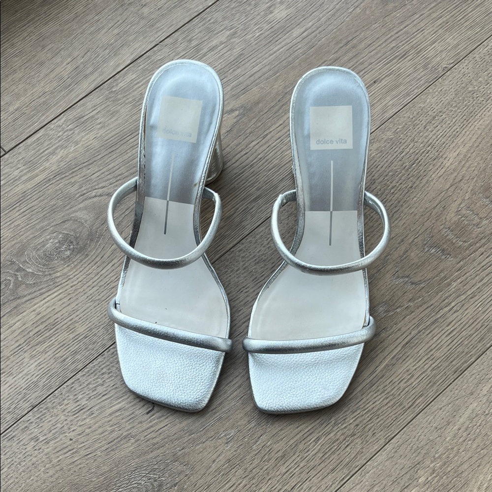 Dolce Vita Metallic Silver Double-Strap Square Toe Heels